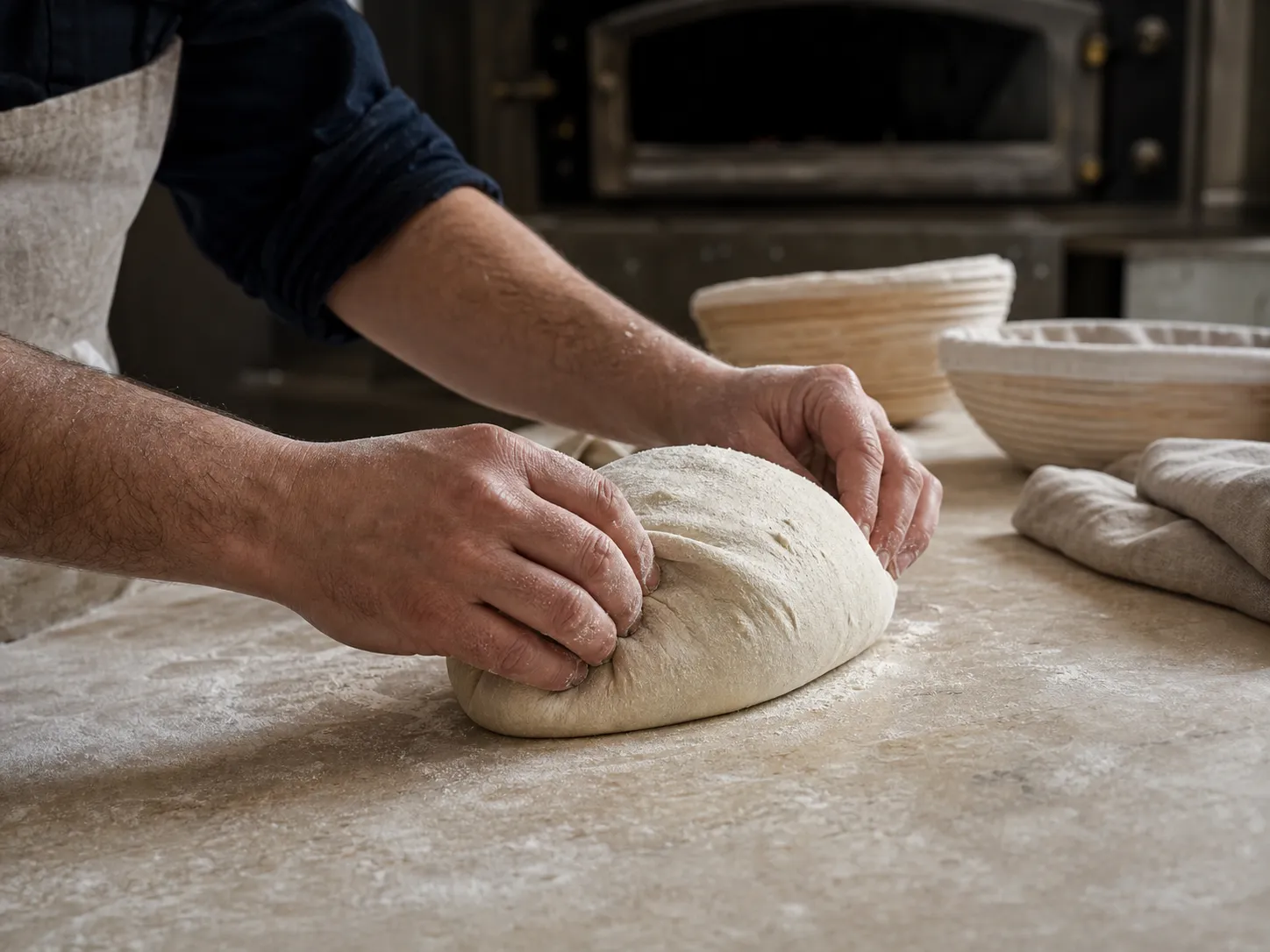 Un boulanger façonne une boule de pâte à pain sur un plan fariné, devant son four à bois