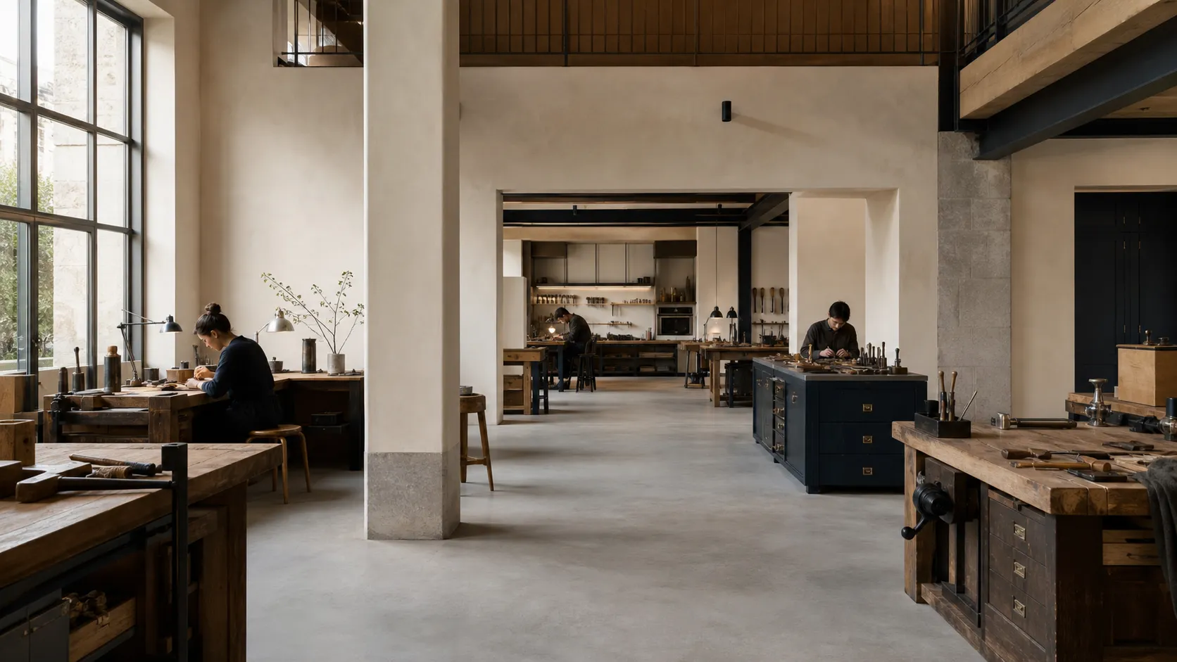 Atelier collectif lumineux réunissant plusieurs postes de travail où des artisans exercent côte à côte