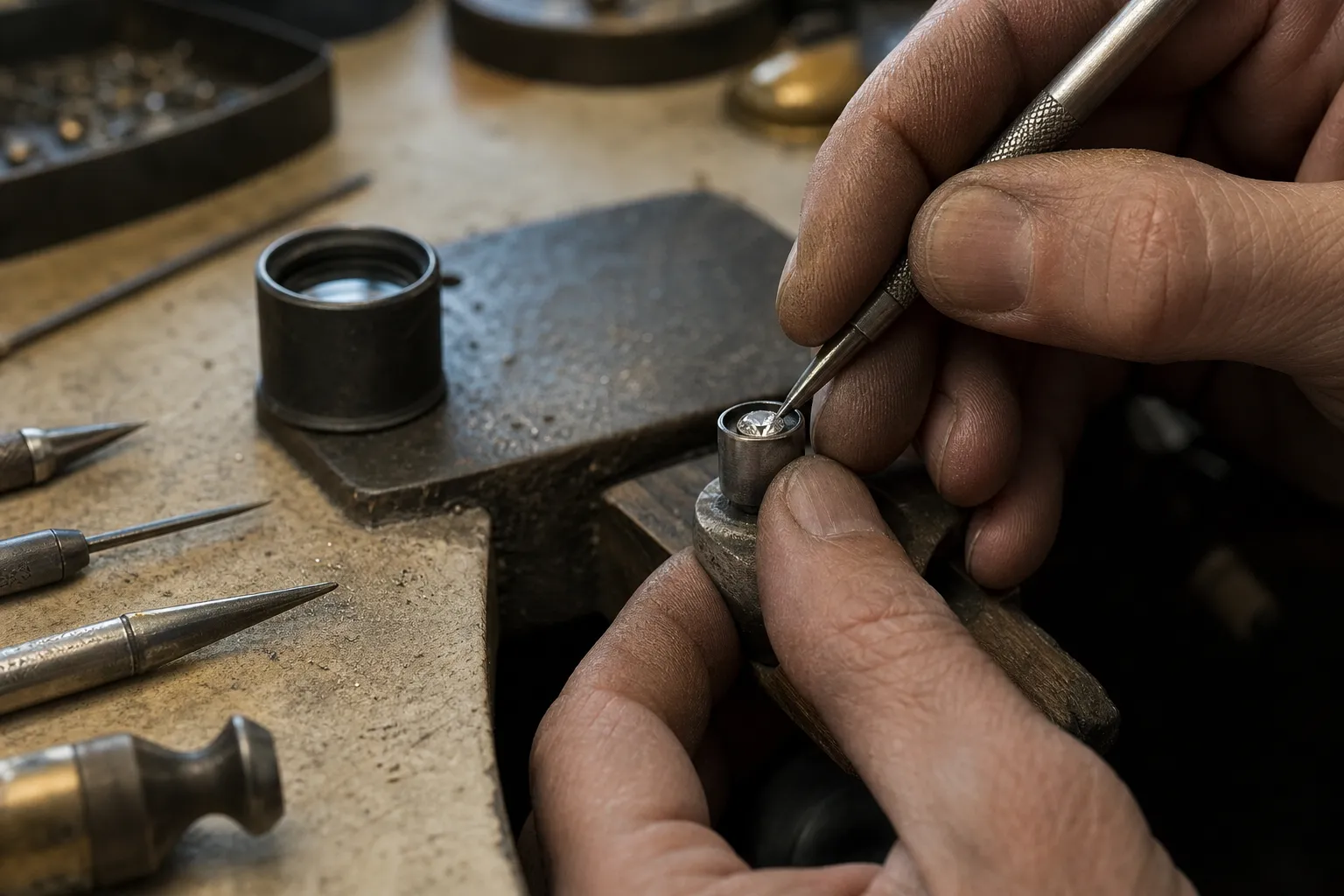 Un joaillier sertit un diamant sur un anneau à la pince, loupe à portée de main