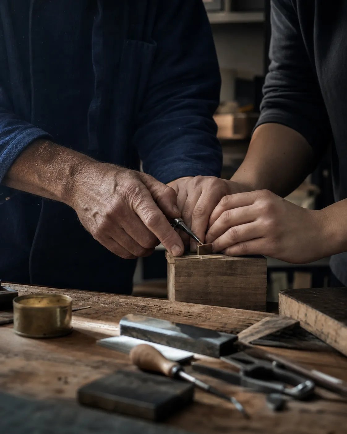 Un Pays guide les mains d'un apprenant pour ajuster une pièce sur un établi