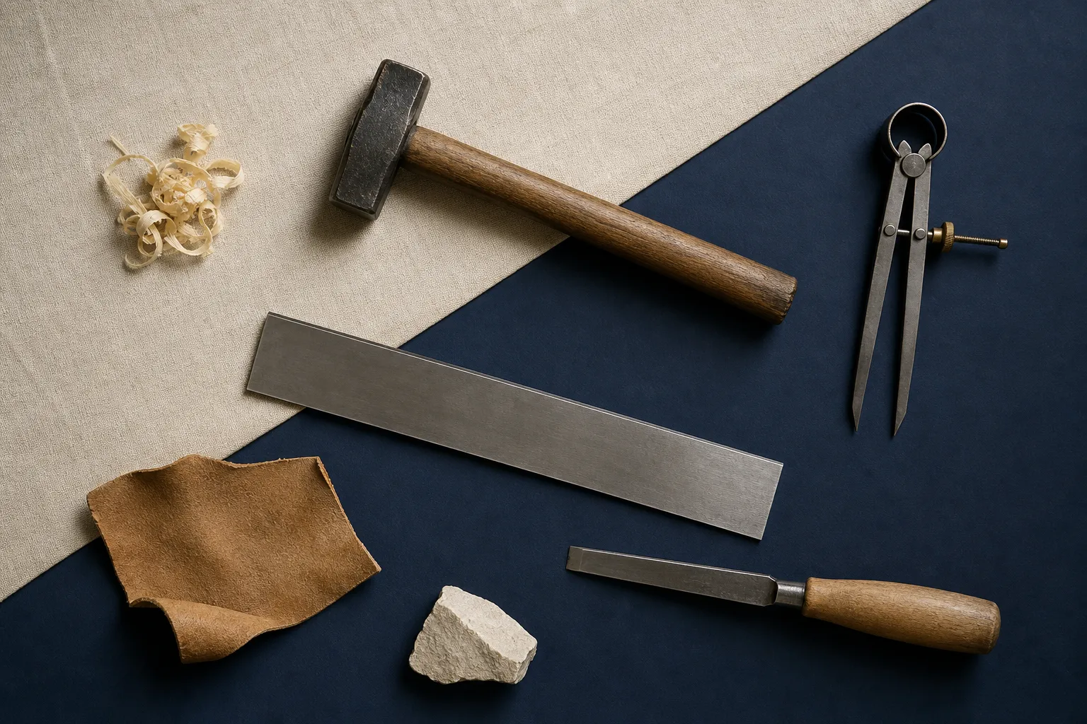 Nature morte d'outils et matières des filières de l'Académie : marteau, compas, cuir, pierre et ciseau à bois