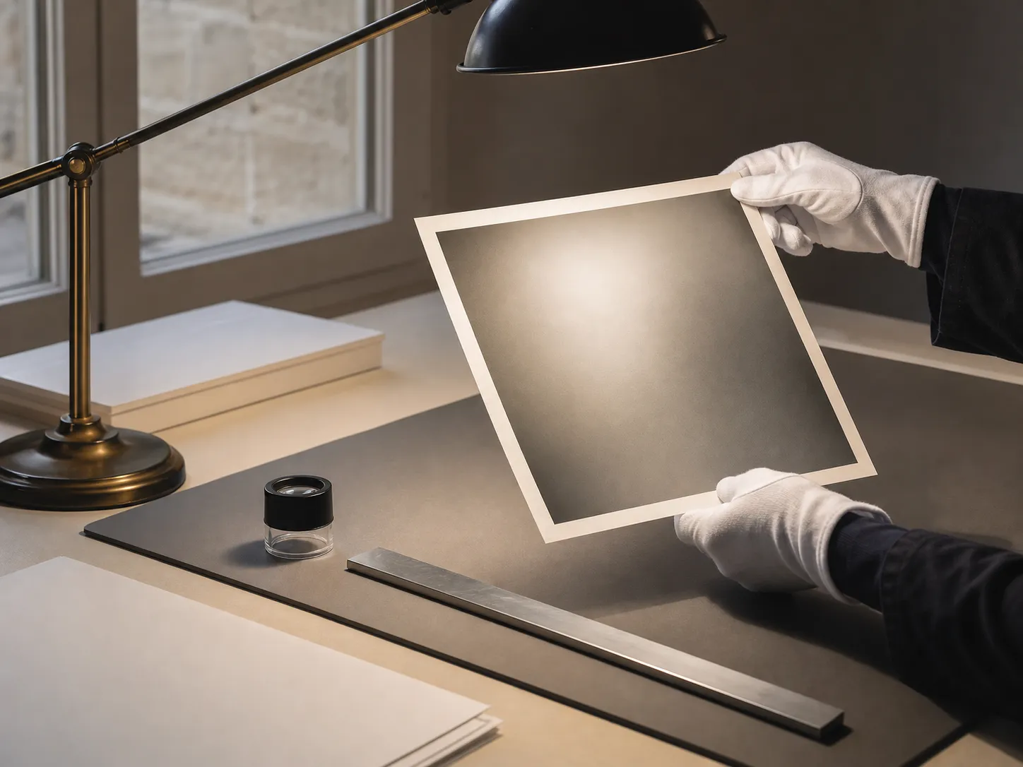 Un tireur d'art examine un tirage photographique sous la lampe, gants blancs et loupe à portée de main