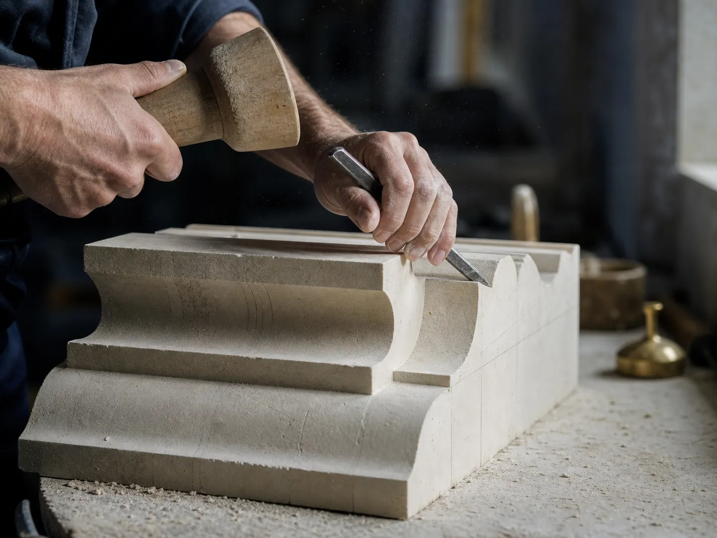 Un tailleur de pierre sculpte une moulure architecturale à la massette et au ciseau
